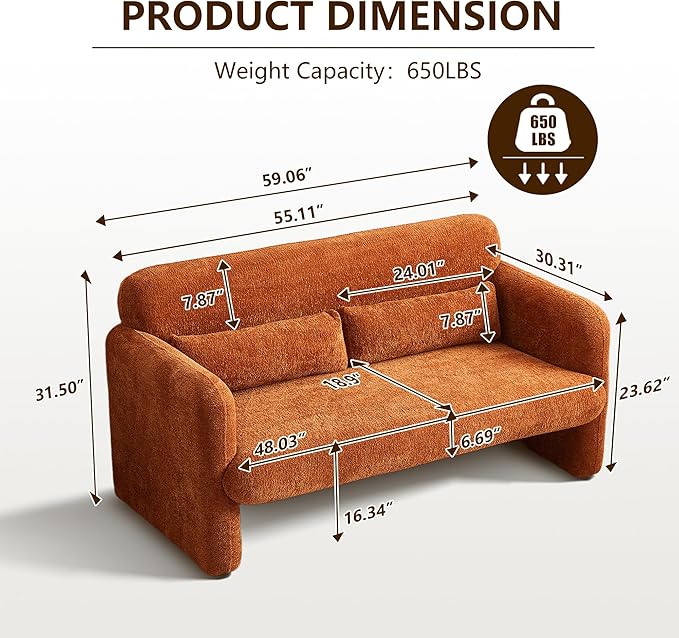 59.1'' Loveseat Sofa, 2 Seater Upgrade Sherpa Fabric Love Seat Couch, Comfy Upholstered Modern Leisure Loveseat Couches with 2 Waist Pillow for Bedroom, Office, Living Room