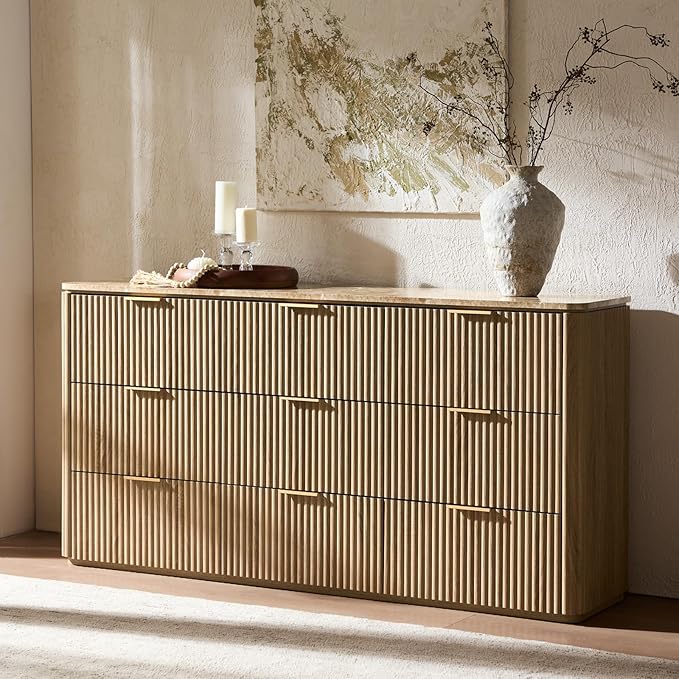 Fluted 9 Drawer Dresser for Bedroom, 63" Wide Modern Chest of Drawers with Faux Marble Top, Curved Corners, Wooden Dresser TV Stand with Organizer Storage for Living Room (Natural Oak, 63" W)