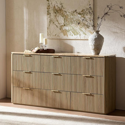 Fluted 9 Drawer Dresser for Bedroom, 63" Wide Modern Chest of Drawers with Faux Marble Top, Curved Corners, Wooden Dresser TV Stand with Organizer Storage for Living Room (Natural Oak, 63" W)
