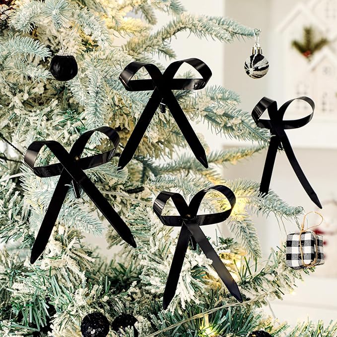 12 Pcs 2025 Metal Christmas Bow Ornaments for Christmas Tree Garland Wreath Bulk Bow with Clip Ornament Vintage Indoor Outdoor Home Xmas Party Decorations, 4 x 5 Inches (Black)