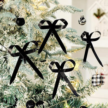 12 Pcs 2025 Metal Christmas Bow Ornaments for Christmas Tree Garland Wreath Bulk Bow with Clip Ornament Vintage Indoor Outdoor Home Xmas Party Decorations, 4 x 5 Inches (Black)