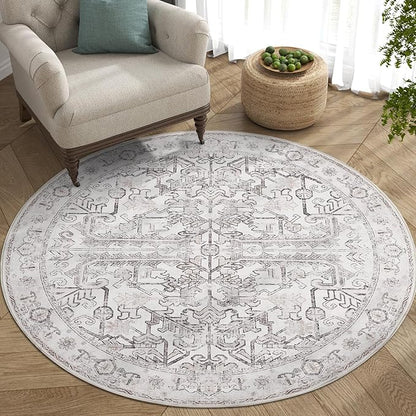 jinchan Vintage Floral Washable Round Rug 5ft Non-Slip Carpet, Taupe
