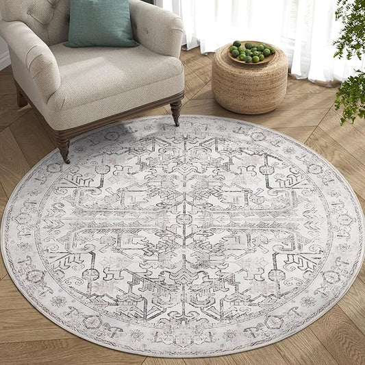 jinchan Vintage Floral Washable Round Rug 5ft Non-Slip Carpet, Taupe