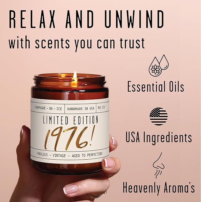 49th Birthday Gifts for Women - 'Limited Edition 1976' Soy Candle, w/Champagne on Ice I 49 Birthday Gifts for Women I 49th Gift for Her Ideas I 9oz Reusable Jar, 50Hr Burn, Made in USA