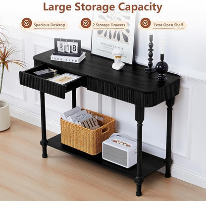 43.3'' Fluted Console Table for Entryway, Narrow Entryway Tables with 2 Wooden Drawers, Retro Sofa Table Behind Couch Accent Tables for Foyer, Living Room, Hallway (Black)
