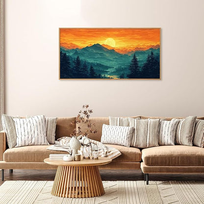 HOURIA Large Sunrise Mountain Forest Landscape Framed Canvas Wall Art Set,Orange Sky Green Ridge Wall Decor,Nature Pine Tree Artwork,Boho Watercolor Art Print for Living Room, Bedroom- 40"x20"x1