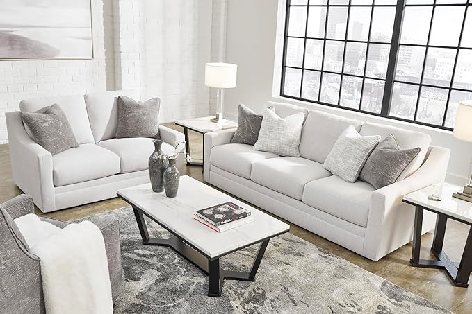 Signature Design by Ashley Maitelynn Contemporary Sofa with Accent Pillows, Reversible Cushions and Sloped Arms, Light Gray