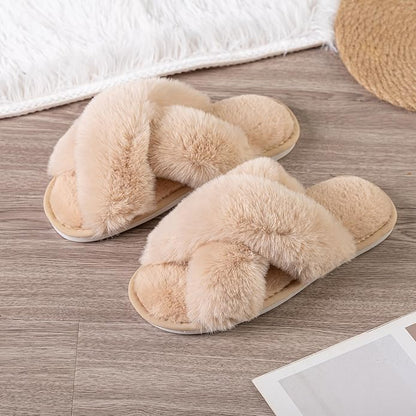 Women's Slipper Memory Foam Cross Band Fuzzy Slippers Open Toe Cozy House Slippers Cozy Plush Bedroom Indoor Outdoor