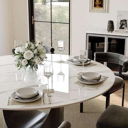 POVISON Round Dining Table for 6, 59" Glossy White Sintered Stone Tabletop Dining Table with Grey Carbon Steel Pedestal, Modern Dining Room Table for Kitchen, Living Room (Table Only)