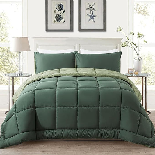 DOWNCOOL Queen Comforter Set -All Season Bedding Comforters Sets with 2 Pillow Cases-3 Pieces Bedding Sets Queen -Down Alternative Double Green Queen Size Comforter Sets(88"x90")
