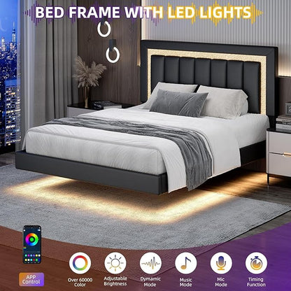 HOMBCK Floating Bed Frame Full with Smart LED Lights, Faux Leather Upholstered Bed Frame Full with Diamond Headboard, No Box Spring Needed, Noise Free, Easy Assembly, Black