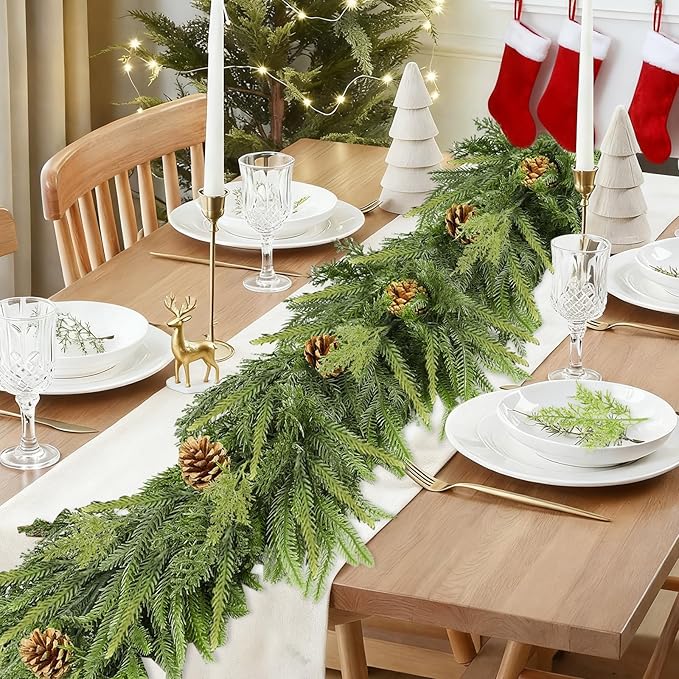 Extra Thick&Lush-9 Ft by 10 Inch Real Touch Norfolk Pine Garland,Christmas Garland Artificial Realistic Soft Thickness Greenery Pine Cypress Pinecones Garlands for Mantle Fireplace Home Indoor Outdoor