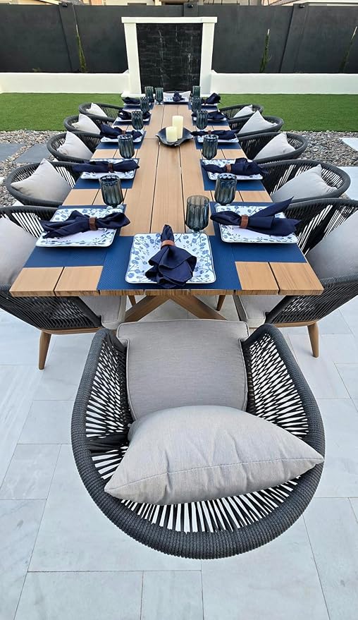 PURPLE LEAF 14 Pieces Patio Dining Table Set Wicker Outdoor Furniture Rectangular Table and Chairs Set for Garden Deck Teak-Finish & Grey Aluminum Frame Backyard Kitchen Set, Cushions and Pillows Included