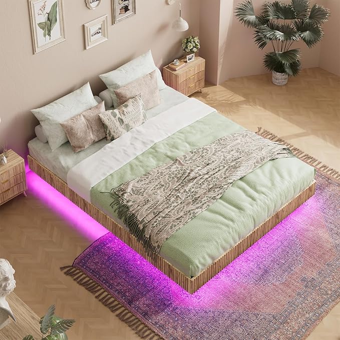 Evermagin Natural Queen Floating Bed Frame with led Lights, Bohemia Fluted Floating Platform Bed No Headboard, Heavy Duty Metal Float Bedframe, No Box Spring Needed