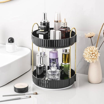 Aveniee 360 Rotating Makeup Organizer for Vanity, Skincare Perfume Organizers, 2 Tiered Bathroom Countertop Storage, Black Cosmetics Lipstick Skin Care Holder for Dresser