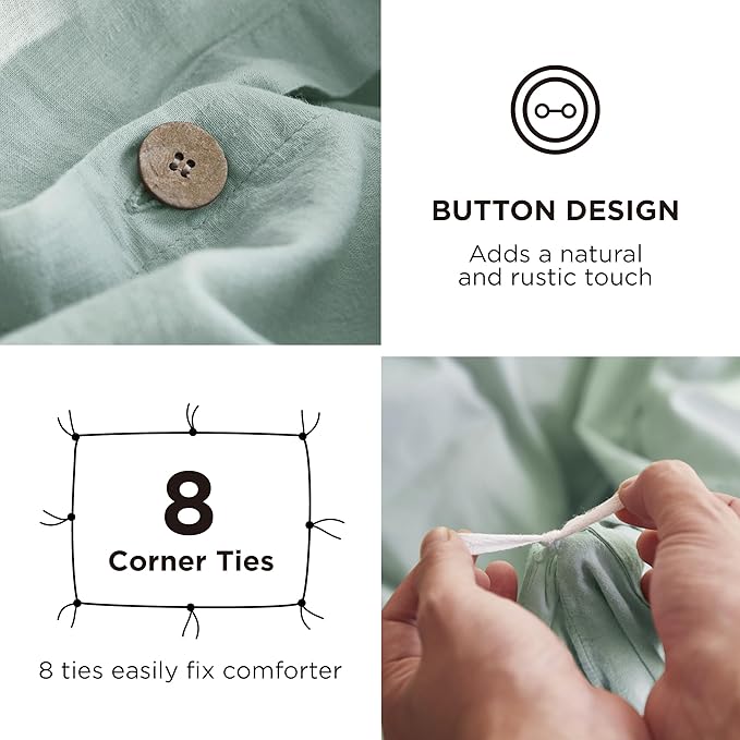 Bedsure Linen Duvet Cover King Size - Linen Cotton Blend Bedding Set, Soft & Cozy, 3 Pieces, 1 Duvet Cover 104x90 and 2 Pillowcases, Sage Green Color Cooling Bedding, Comforter Sold Separately