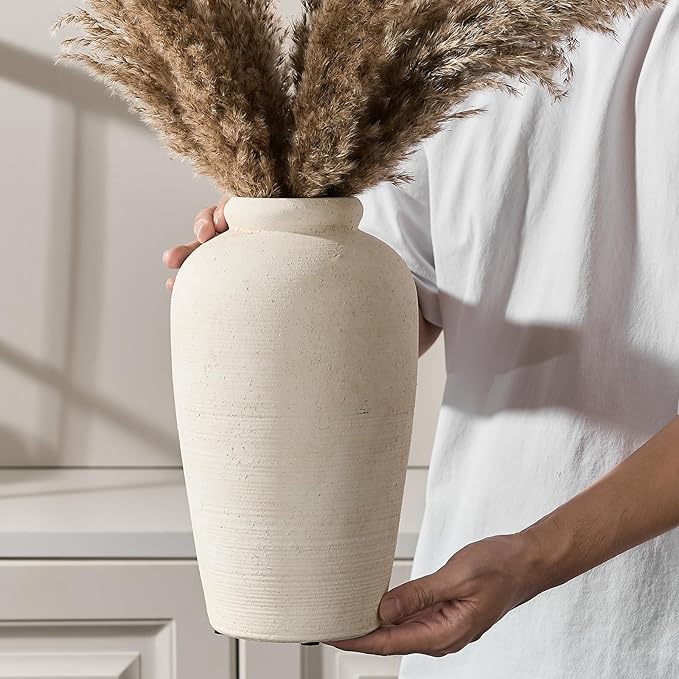 Large Ceramic Rustic Vase, 11 inch Minimalist Decorative Farmhouse Tall Vase for Home Decor, Living Room, Shelf Decor, Enterway, Wedding, Table Decoration, White