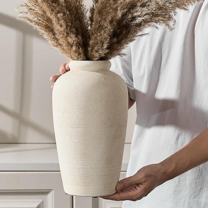 Large Ceramic Rustic Vase, 11 inch Minimalist Decorative Farmhouse Tall Vase for Home Decor, Living Room, Shelf Decor, Enterway, Wedding, Table Decoration, White