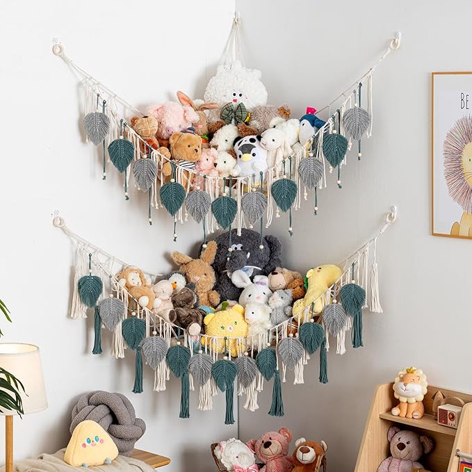 Pretty Jolly Stuffed Animal Storage with Hand Woven Leaf Tassels Hammock Corner Hanging Net Boho Macrame Plush Storage for Kid Room Nursery Decor Wall Display for Girls Gift(Gray&Blue)