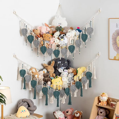 Pretty Jolly Stuffed Animal Storage with Hand Woven Leaf Tassels Hammock Corner Hanging Net Boho Macrame Plush Storage for Kid Room Nursery Decor Wall Display for Girls Gift(Gray&Blue)