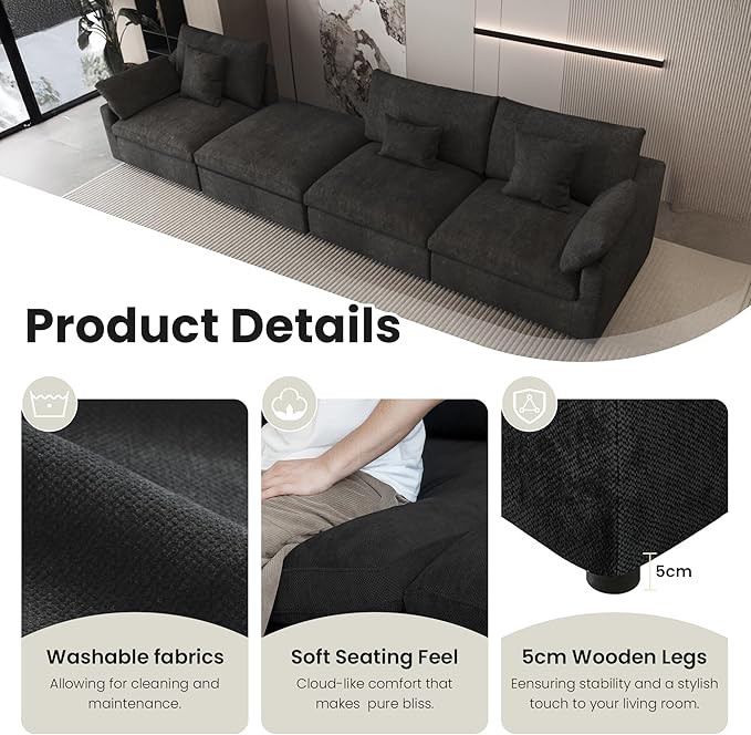 Cloud Couch Modular Sectional Sofa,119.29" U Shaped Couch, Oversized Down Filled Convertible Wide Seater,3 Seater with 2 Ottomans for Living Room Set, Covers Washable&,Black