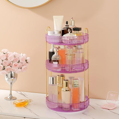 Aveniee Rotating Makeup Organizer for Vanity, Perfume Skincare Organizerss Large, Spinning Bathroom Counter Shelf Holder for Cosmetics, Skin Care, Lipsticks,3 Tiers, Purple