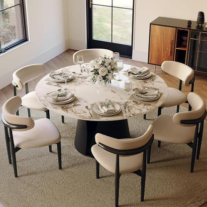 POVISON Round Dining Table for 6, Modern Marble Dining Room Table 59" Pandora Sintered Stone Kitchen Table with Black Carbon Steel Pedestal (Table Only)