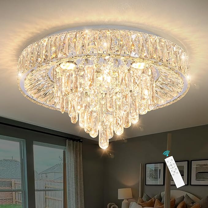 Modern Crystal Chandeliers for Dining Room LED Light Fixture Close to Ceiling Chandelier Flush Mount Ceiling Light Dimmable Lamp with Remote for Living Room Bedroom Hallway 2700K 6000K