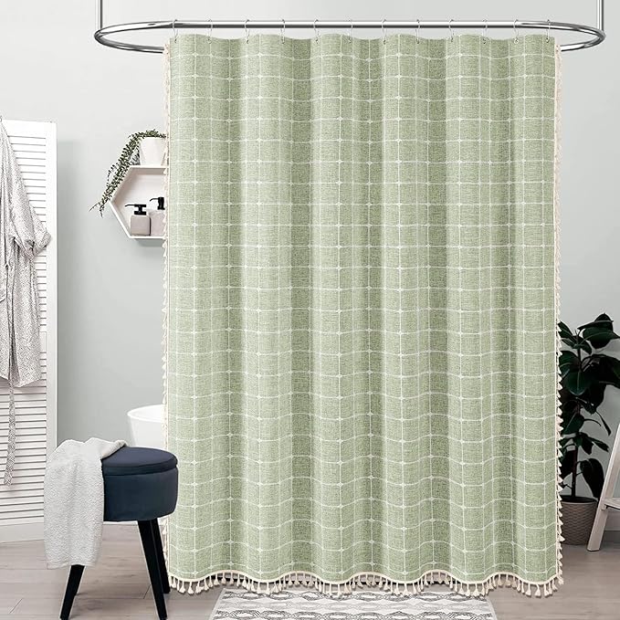 BTTN Stall Shower Curtain - 60x84 Long Boho Farmhouse Linen Weighted Fabric Cloth Shower Curtain Set with 10 Plastic Hooks, Narrow Bohemian Country Decorative Shower Curtains for Bathroom - Sage Green