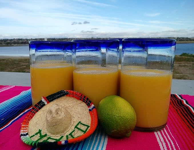 Dos Sueños Hand Blown Mexican Drinking Glasses - Set of 6 Glasses with Cobalt Blue Rims (14 oz each)