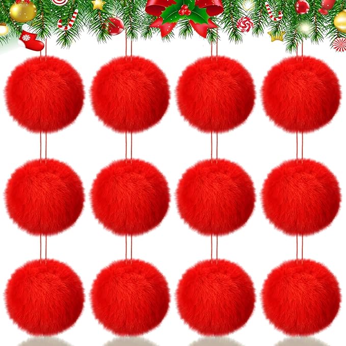 Gejoy 12 Pcs Red Furry Christmas Ball Ornaments for Xmas Tree Red Christmas Hanging Decorations Soft Faux Fur Pom Pom Ball Ornaments for Home Party Supplies Fireplace Mantel Wall Decor