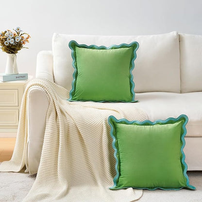 MONDAY MOOSE Decorative Throw Pillow Covers Cushion Cases, Set of 2 Soft Velvet Scalloped Wavy Edge Designs, Pillow Inserts Not Included (Light Blue/Light Green, 18x18 inch)