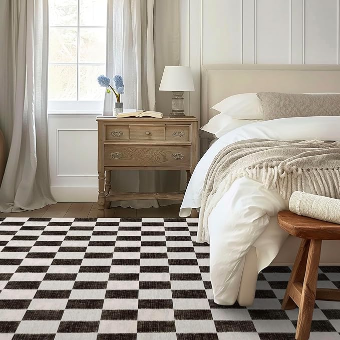 EVERGRACE Checkered Plaid Area Rug 8x10, Soft Fuzzy Faux Wool Rugs Washable Anti Slip Rugs Large Rug Carpet for Entryway Bedroom Living Room Hallway Kitchen and Laundry Room, Black and White
