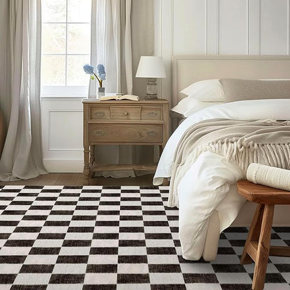 EVERGRACE Checkered Plaid Area Rug 8x10, Soft Fuzzy Faux Wool Rugs Washable Anti Slip Rugs Large Rug Carpet for Entryway Bedroom Living Room Hallway Kitchen and Laundry Room, Black and White