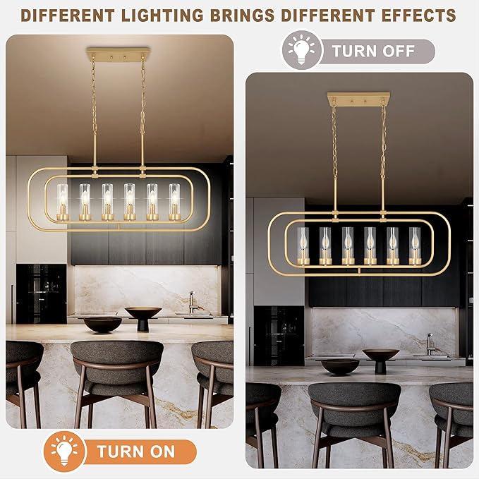 Dining Room Light Fixture, 36" Gold Island Lights for Kitchen Modern Linear Chandelier 6 Lights Farmhouse Chandelier Large Pendant Light, Industrial Chandeliers for Dining Room, Clear Glass