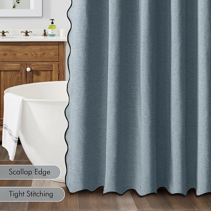 MIULEE 84" Long Scalloped Shower Curtain Linen Textured with 12 Metal Hooks Cute Extra Long Heavy Duty Washable Waterproof Cloth Shower Curtains with Black Border for Bathroom Hotel,Dusty Blue
