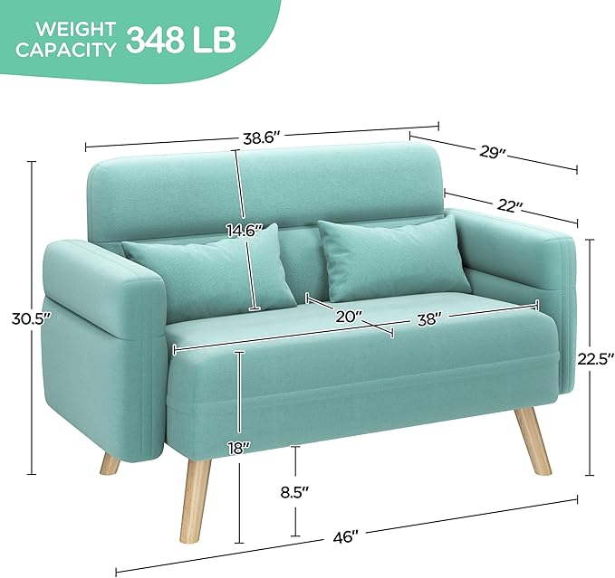 Yaheetech 46" Modern Fabric Loveseat Sofa Mid Century 2 Seater Couch Lumbar Pillows Solid Wood Legs, Aquamarine