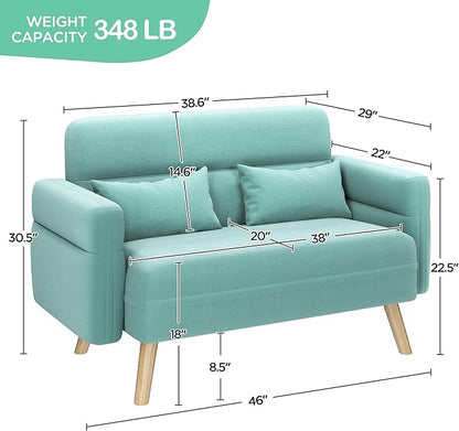Yaheetech 46" Modern Fabric Loveseat Sofa Mid Century 2 Seater Couch Lumbar Pillows Solid Wood Legs, Aquamarine