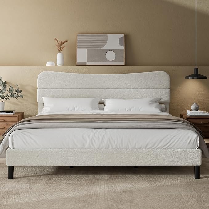 King Size Bed Frame, Upholstered King Bed Frame and Headboard, Teddy Soft Boucle Fabric bedframe King Size, Soft Cloud Marshmallow Shape Upholstered Headboard, No Box Spring Needed, Noise Free (White)