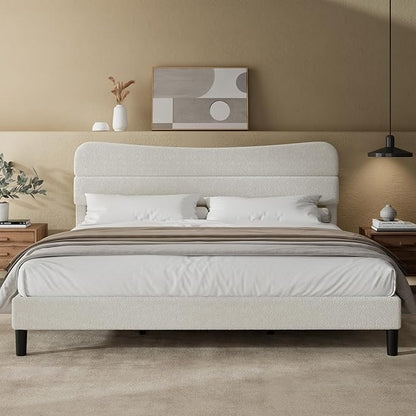 King Size Bed Frame, Upholstered King Bed Frame and Headboard, Teddy Soft Boucle Fabric bedframe King Size, Soft Cloud Marshmallow Shape Upholstered Headboard, No Box Spring Needed, Noise Free (White)