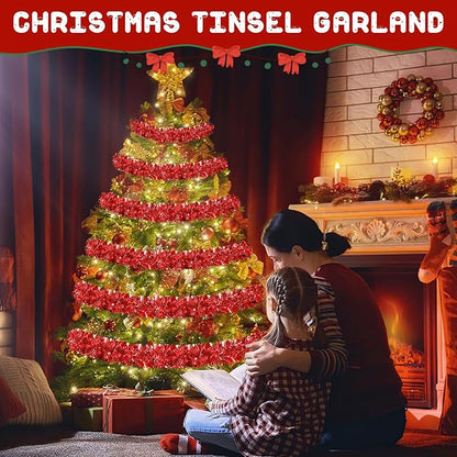 50FT Red Christmas Tinsel Garland, Metallic Twist Shiny Hanging Garland Ornaments for Xmas Tree Party Supplies Thick Thin Metallic Streamers for Indoor Outdoor Decor