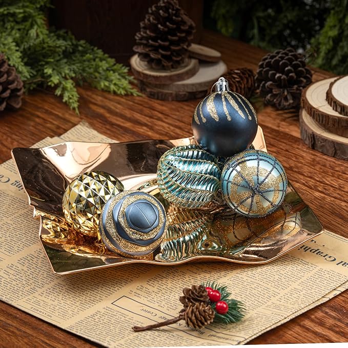 100ct Christmas Ball Ornaments Set, Blue and Gold Shatterproof Hand-Painted Hanging Baubles Decoration Bulk for Xmas Tree, Wreath, Garland, Home Holiday Decor