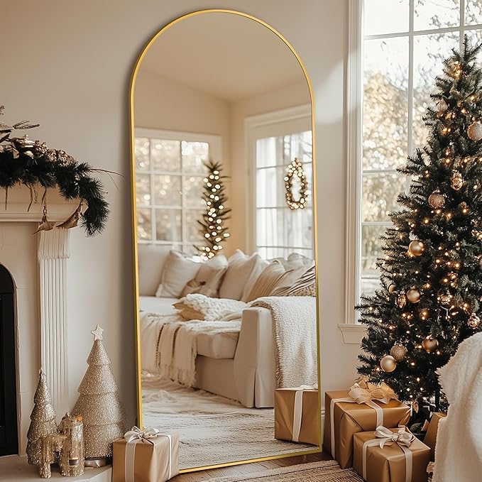 58"x18" Full Length Mirror, Arched Full Body Mirror, Standing Hanging or Leaning Floor Mirror for Bedroom and Living Room, Gold