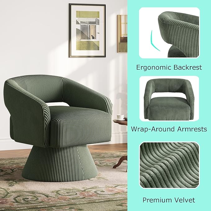 LINSY Swivel Barrel Chair, 360 Modern Swivel Accent Chair Boucle Swivel Chair Round, Green Corduroy Chairs with Arms, Small Barrel Chair for Small Spaces Bedroom Living Room