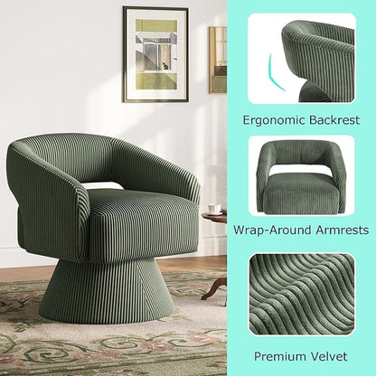 LINSY Swivel Barrel Chair, 360 Modern Swivel Accent Chair Boucle Swivel Chair Round, Green Corduroy Chairs with Arms, Small Barrel Chair for Small Spaces Bedroom Living Room