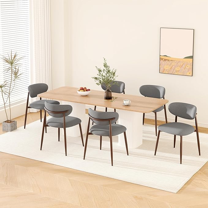 Dining Chairs Set of 6, Upholstered Dining Room Chairs with Metal Legs and Anti Slip Pads, Curved Back Wood Kitchen Chair for Home and Restaurant Use, Light Grey