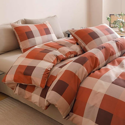 CLOTHKNOW Plaid Queen Comforter Set Gingham Buffalo Bedding Comforter Sets Rust Brown Khaki Geometric Comforter Queen Sets with 2 x Pillow Cases