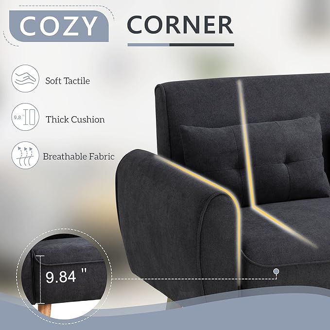 Shintenchi Small Loveseat Sofa Mid Century Fabric Upholstered 2 Seat with Pillows for Small Living Room Studio Apartment, Black