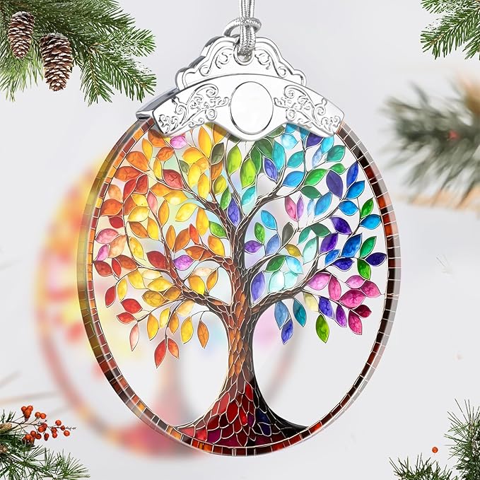 Tree of Life Ornaments for Christmas Tree, Stained Glass Christmas Ornaments and Xmas Tree Decorations