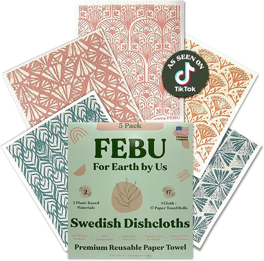 FEBU Swedish Dish Cloths 5 Pack Reusable Washable Kitchen Dish Towels, Stamps Pattern